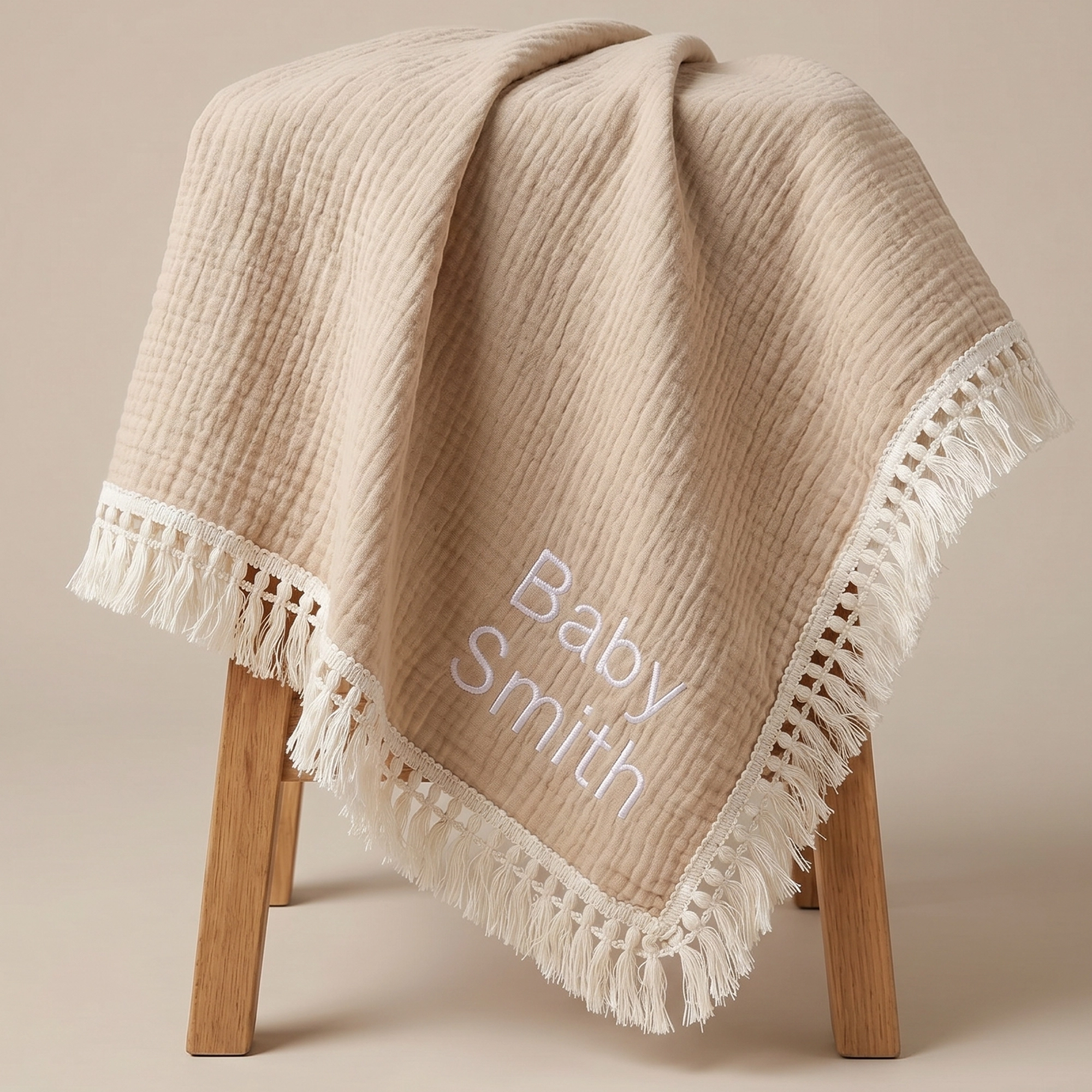 Blanket - Muslin Tassel - Oat - Personalised