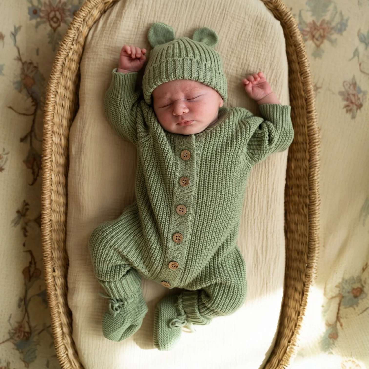 Knitted Sleep Suit, Hat & Booties Set - Organic Cotton