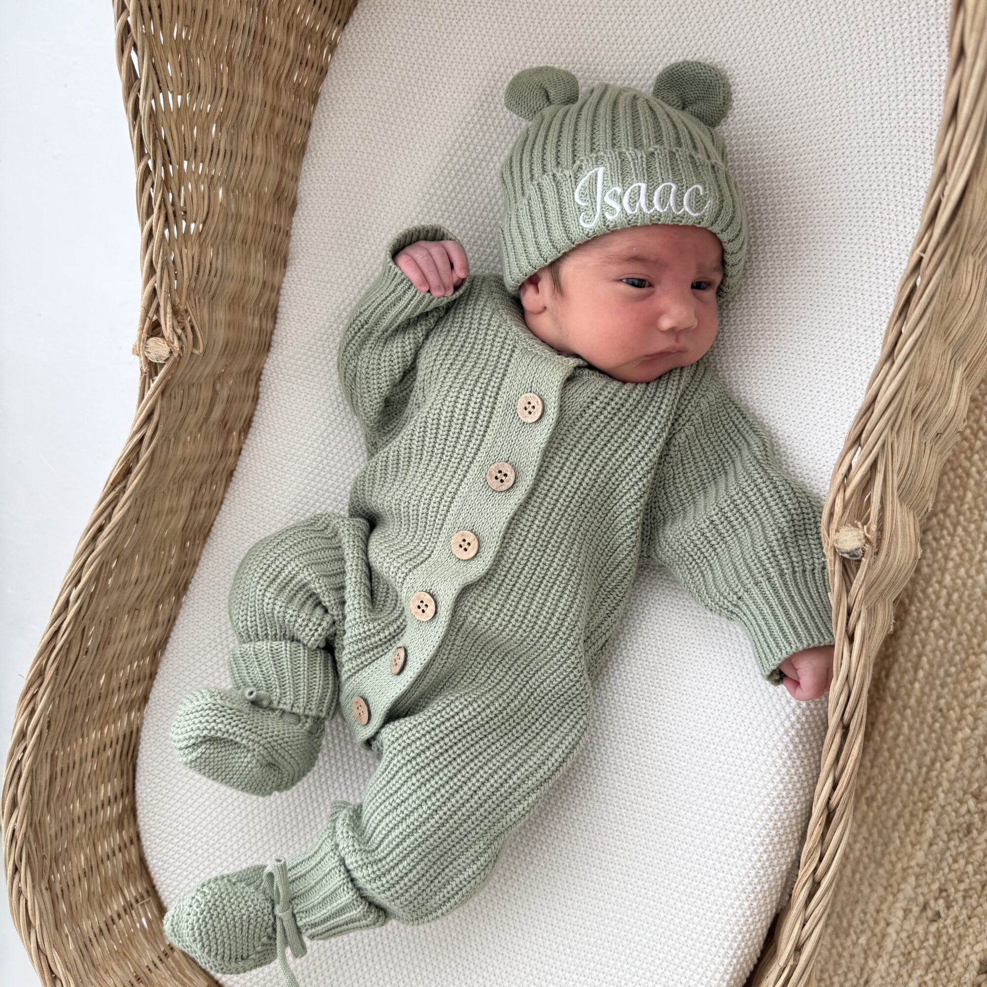 Knitted Sleep Suit, Hat & Booties Set - Organic Cotton