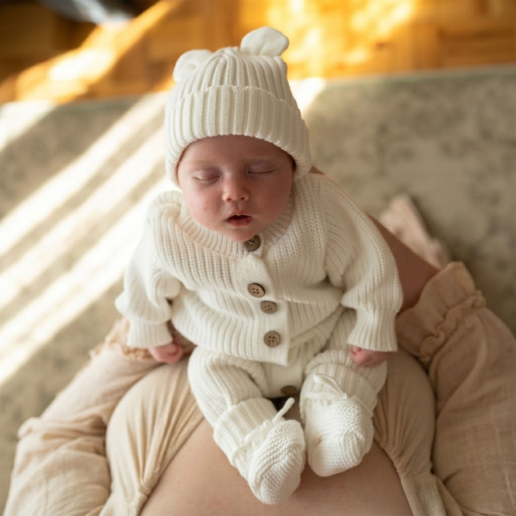 Knitted Sleep Suit, Hat & Booties Set - Organic Cotton