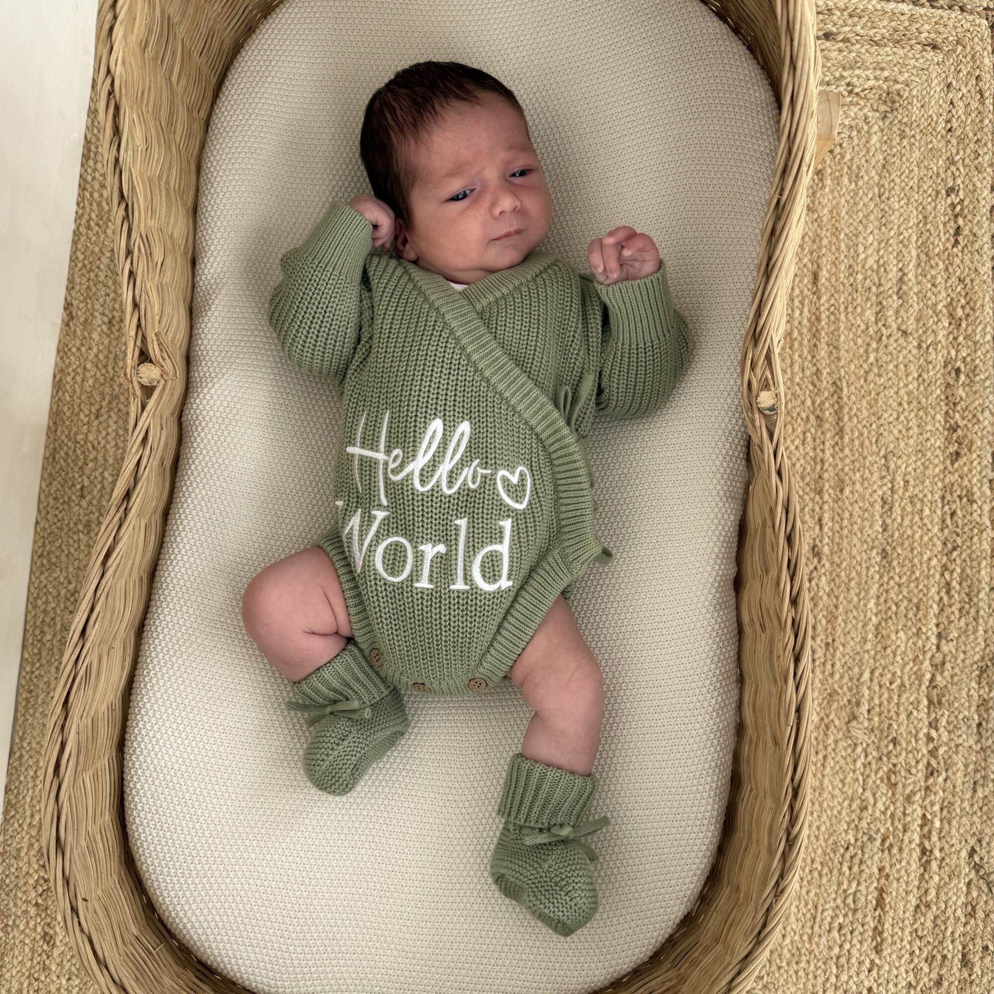 Knitted Legless Hello World Romper, Hat & Booties Set - Organic Cotton