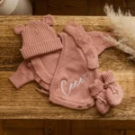 Knitted Legless Frill Romper, Hat & Booties Set - Organic Cotton