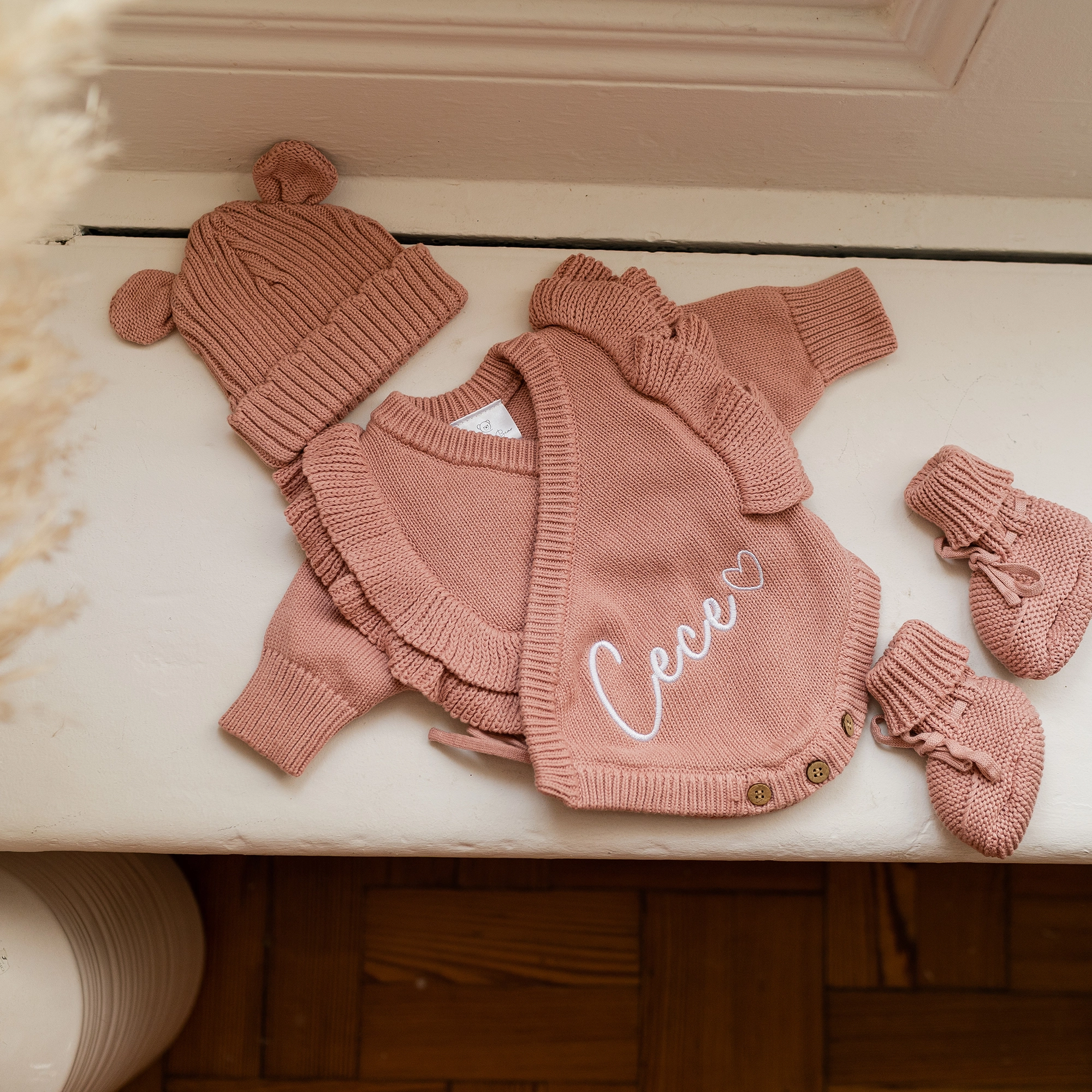 Knitted Legless Frill Romper, Hat & Booties Set - Organic Cotton