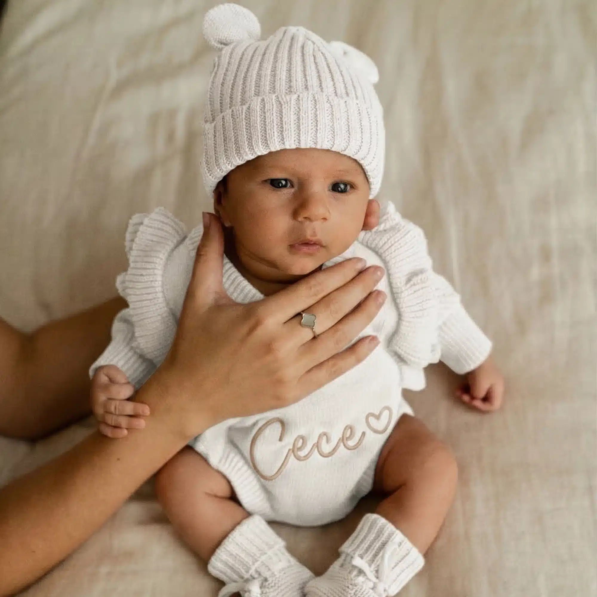 Knitted Legless Frill Romper, Hat & Booties Set - Organic Cotton