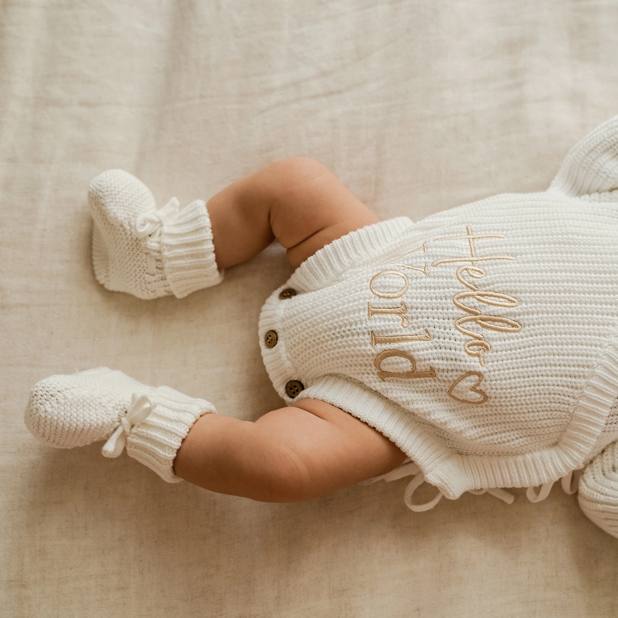 Knitted Legless Hello World Romper, Hat & Booties Set - Organic Cotton