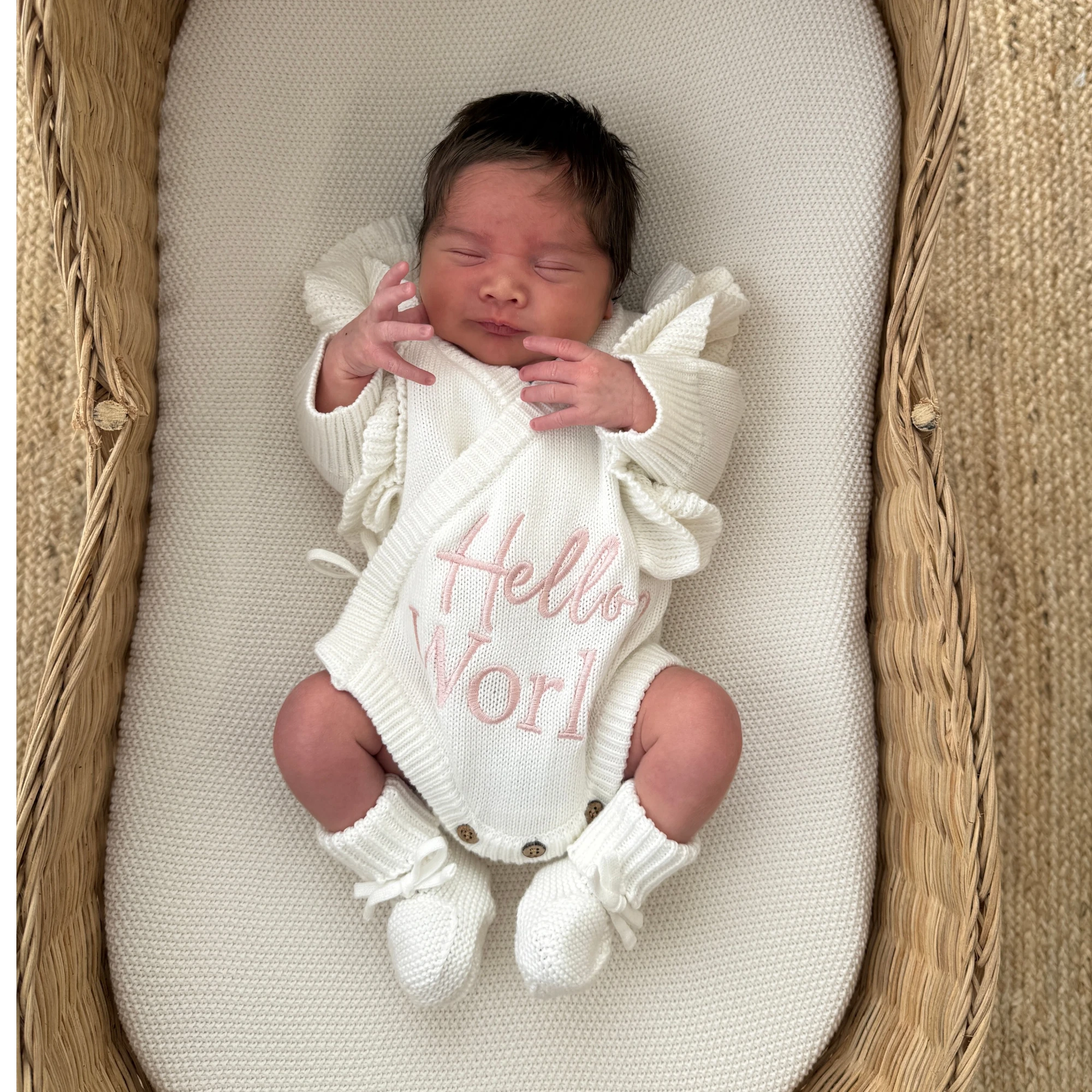 Knitted Legless Hello World Romper, Hat & Booties Set - Organic Cotton