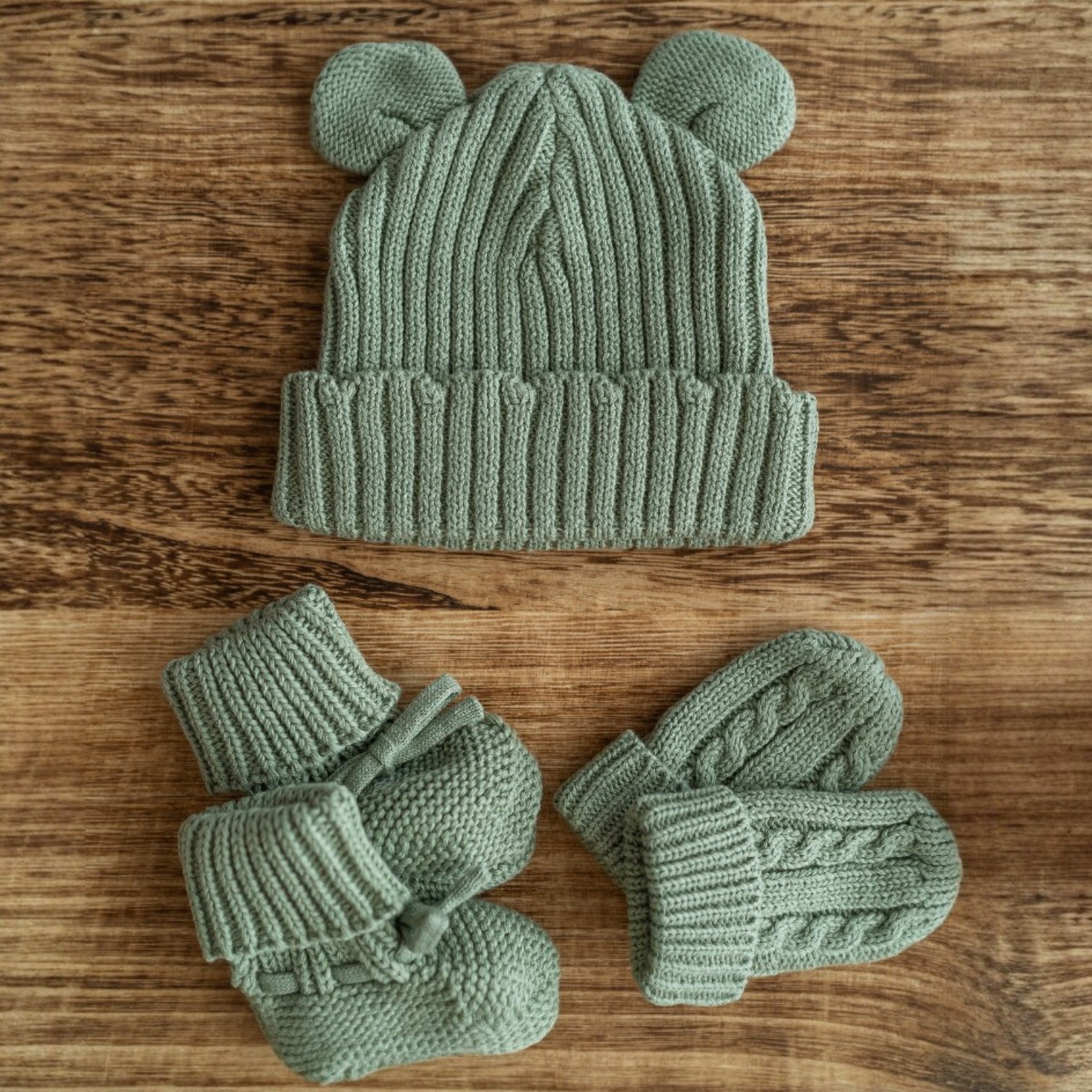 First Moments Set - Knitted Teddy Bear Ear Hat, Booties & Mittens