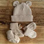 First Moments Set - Knitted Teddy Bear Ear Hat, Booties & Mittens
