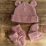 First Moments Set - Knitted Teddy Bear Ear Hat, Booties & Mittens