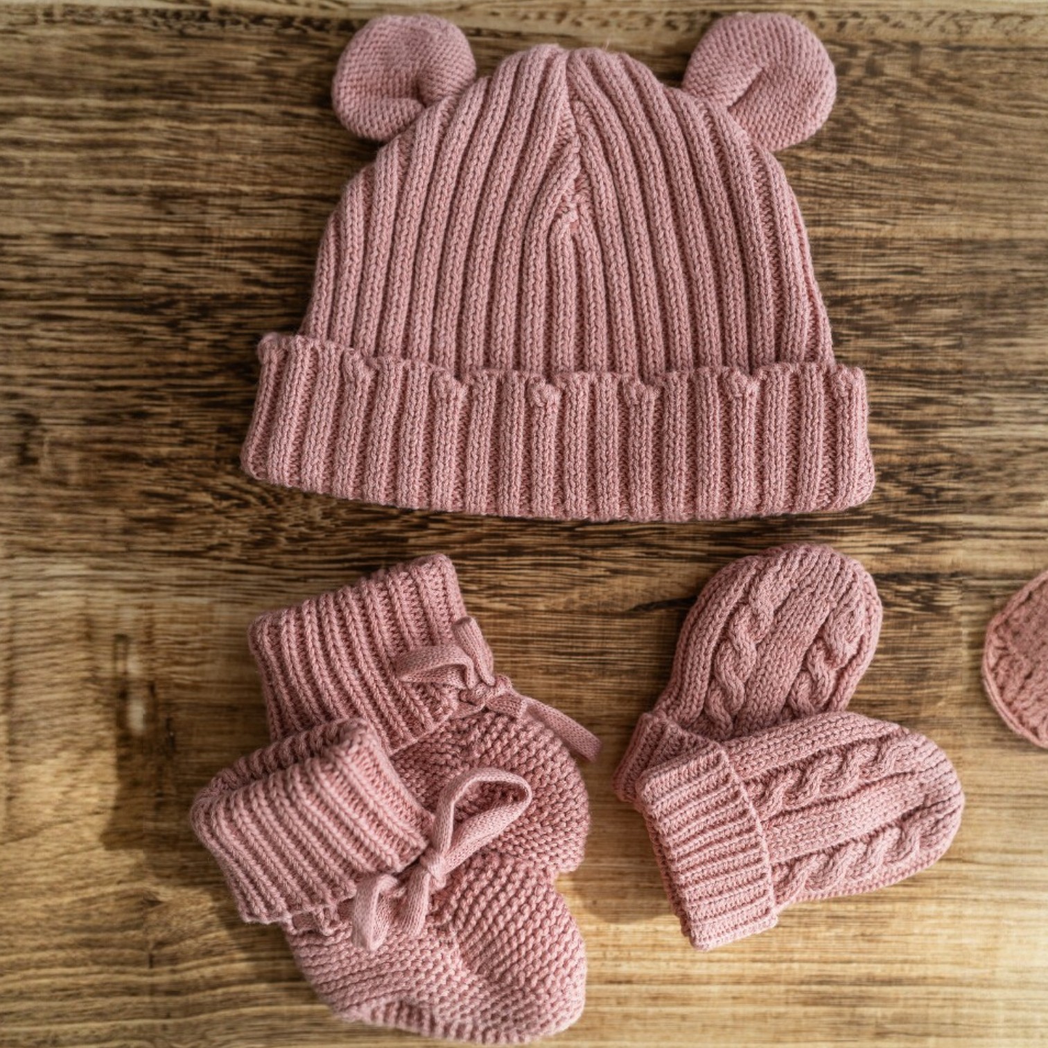 First Moments Set - Knitted Teddy Bear Ear Hat, Booties & Mittens