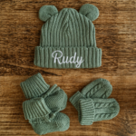 First Moments Set - Knitted Teddy Bear Ear Hat, Booties & Mittens