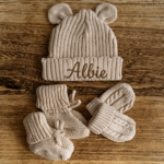 First Moments Set - Knitted Teddy Bear Ear Hat, Booties & Mittens