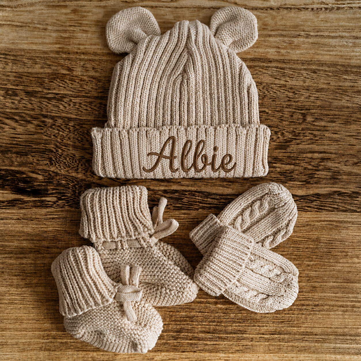 First Moments Set - Knitted Teddy Bear Ear Hat, Booties & Mittens