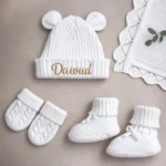 First Moments Set - Knitted Teddy Bear Ear Hat, Booties & Mittens