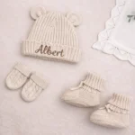 First Moments Set - Knitted Teddy Bear Ear Hat, Booties & Mittens