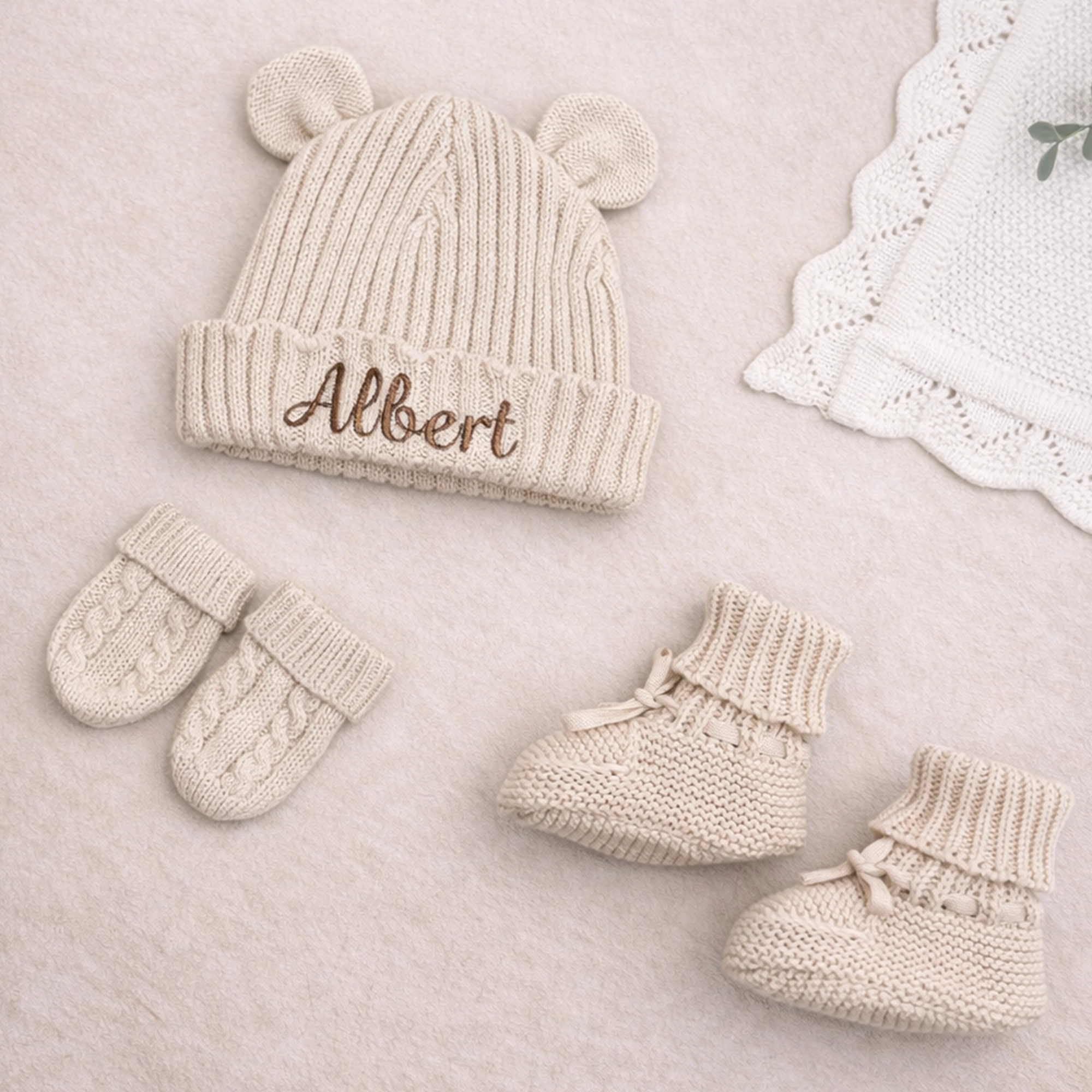 First Moments Set - Knitted Teddy Bear Ear Hat, Booties & Mittens