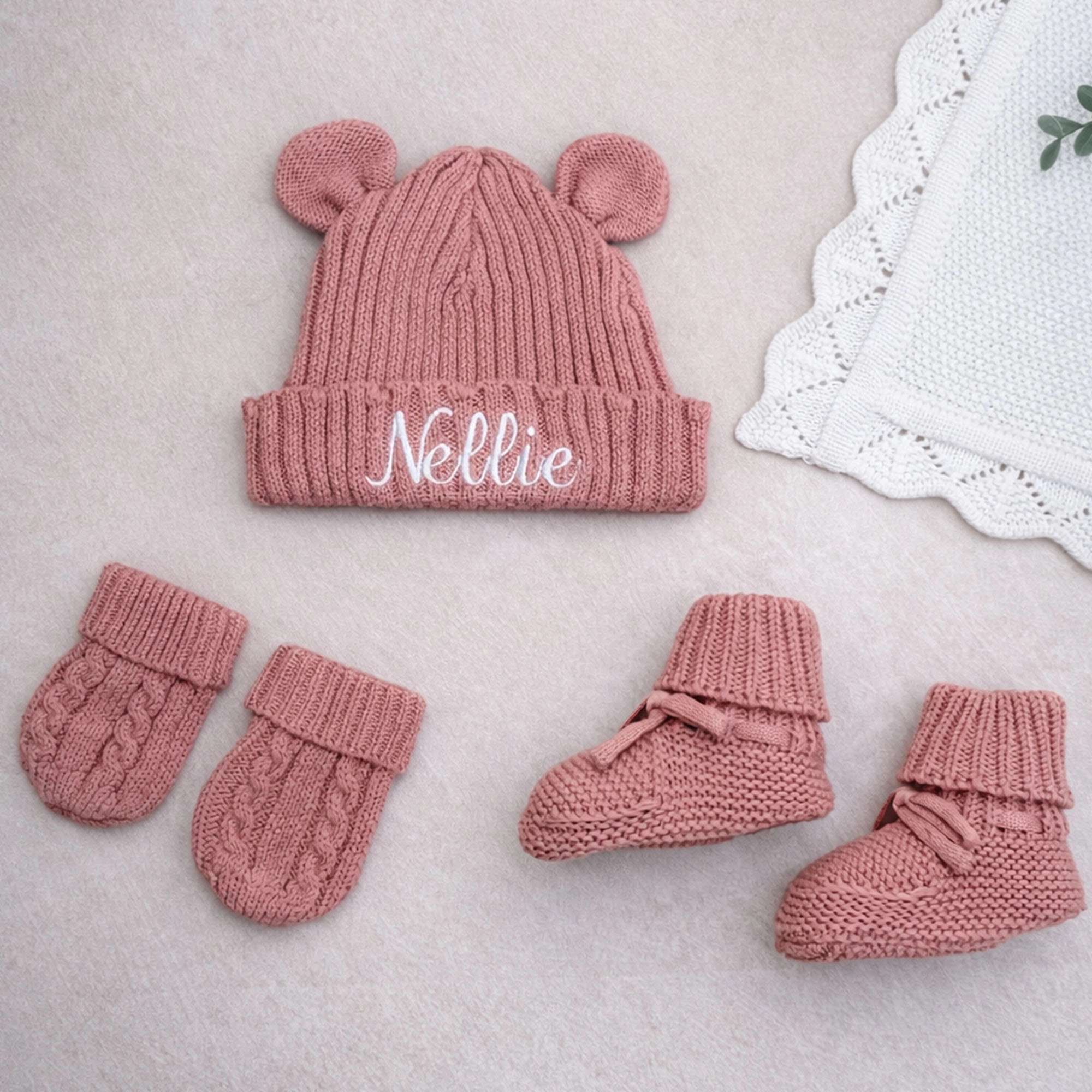 First Moments Set - Knitted Teddy Bear Ear Hat, Booties & Mittens