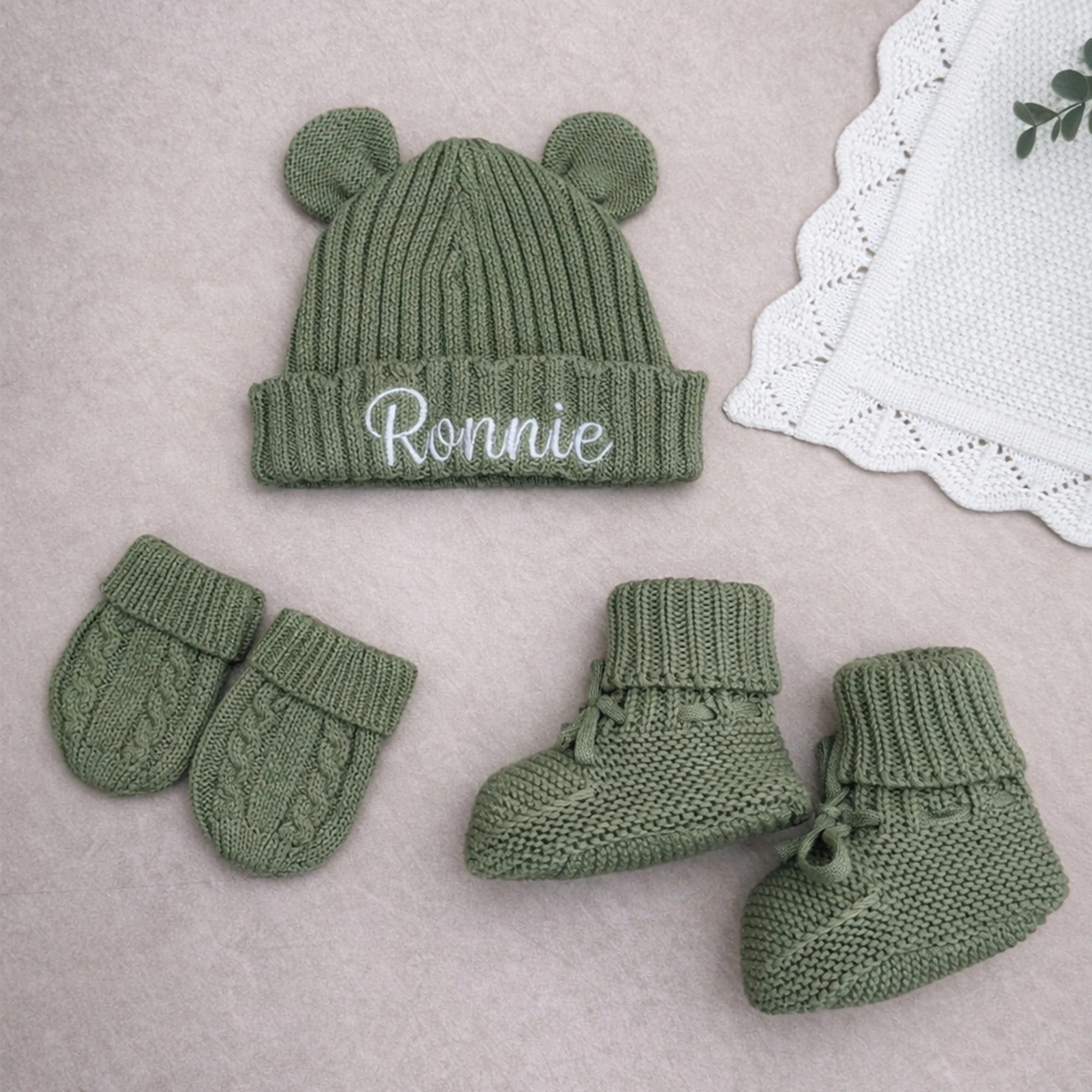 First Moments Set - Knitted Teddy Bear Ear Hat, Booties & Mittens