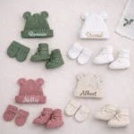 First Moments Set - Knitted Teddy Bear Ear Hat, Booties & Mittens