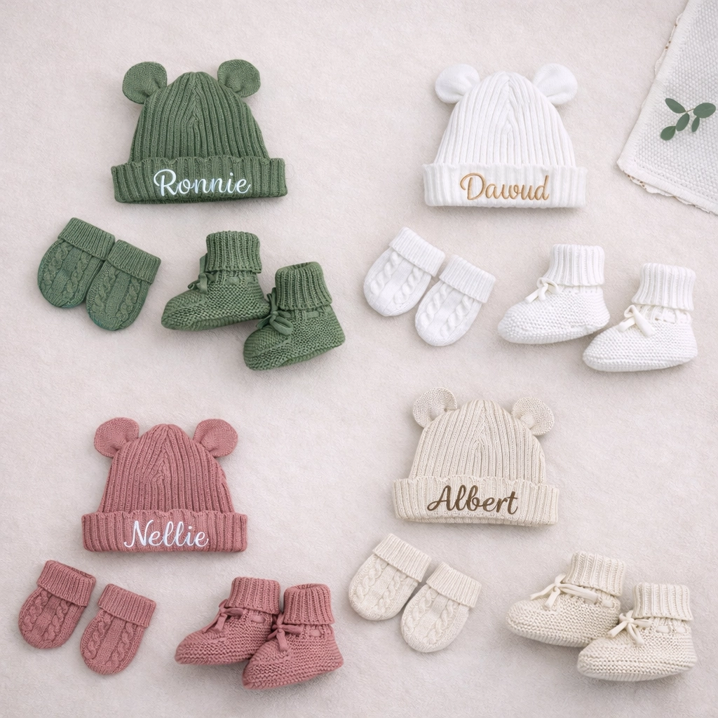 First Moments Set - Knitted Teddy Bear Ear Hat, Booties & Mittens