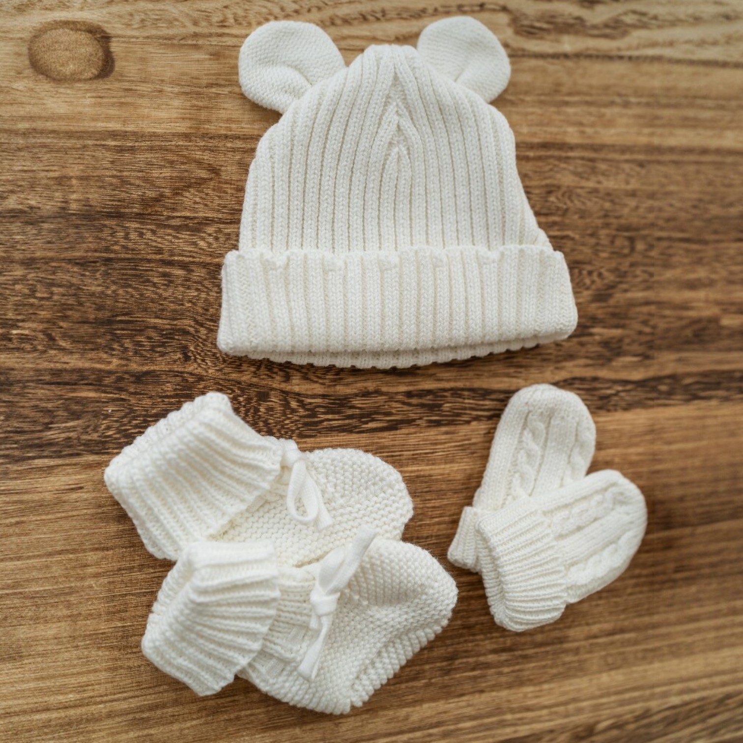 First Moments Set - Knitted Teddy Bear Ear Hat, Booties & Mittens