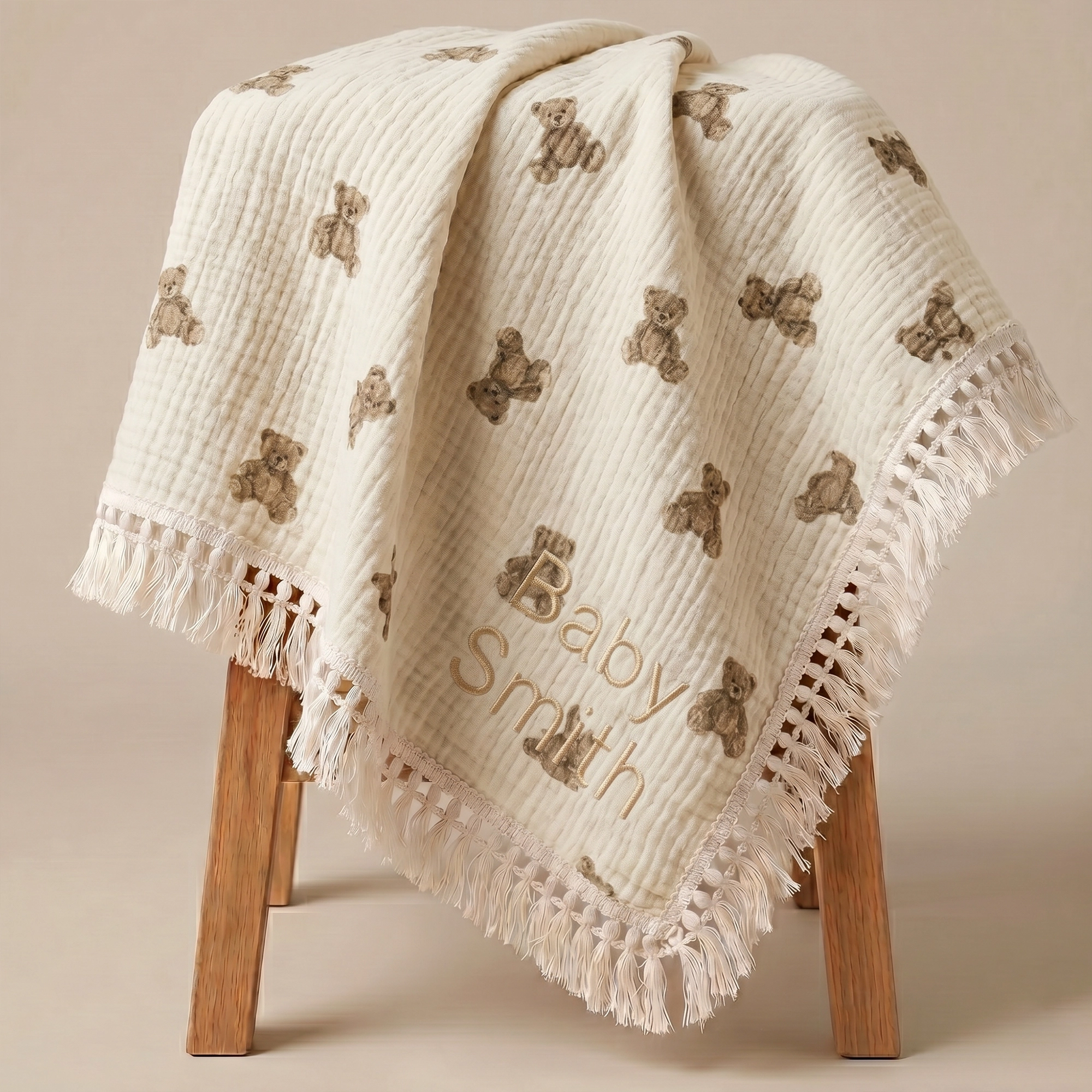 Blanket – Muslin Tassel – Bear Pattern - Personalised