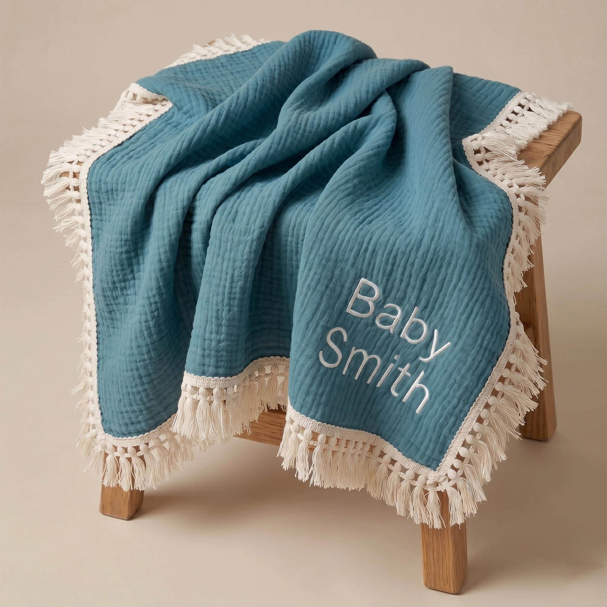 Blanket - Muslin Tassel - Steel Blue - Personalised