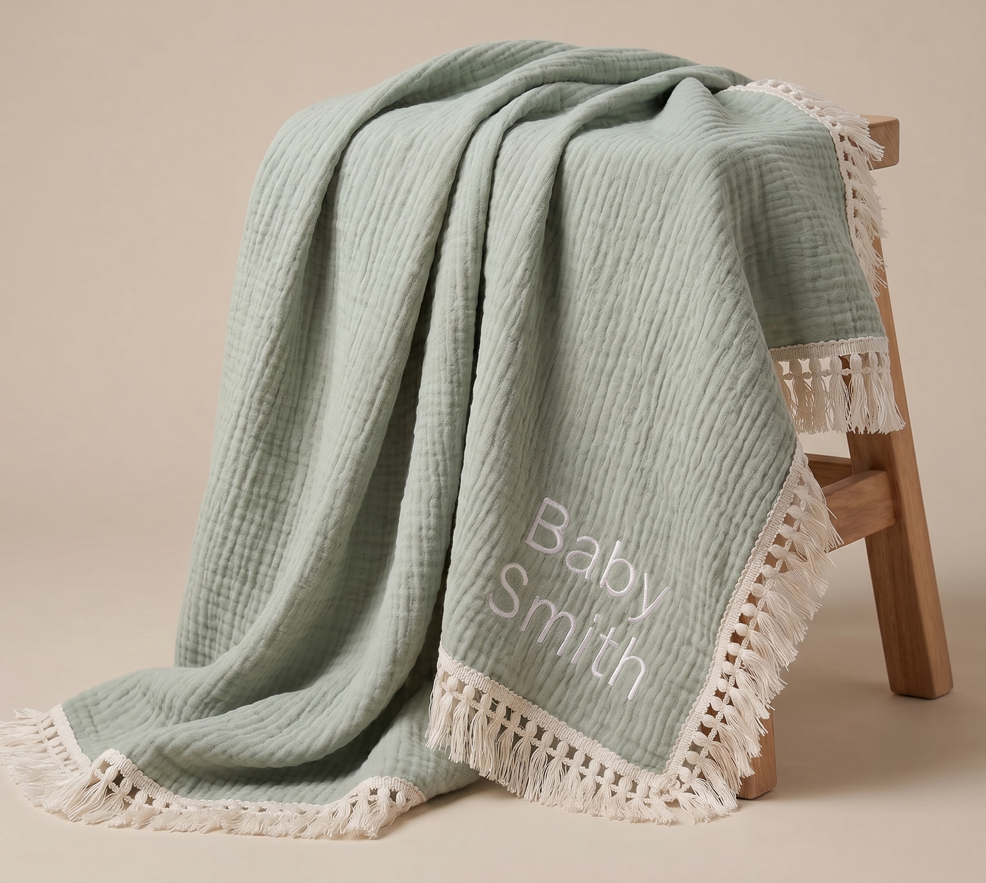 Blanket - Muslin Tassel - Sage Green - Personalised