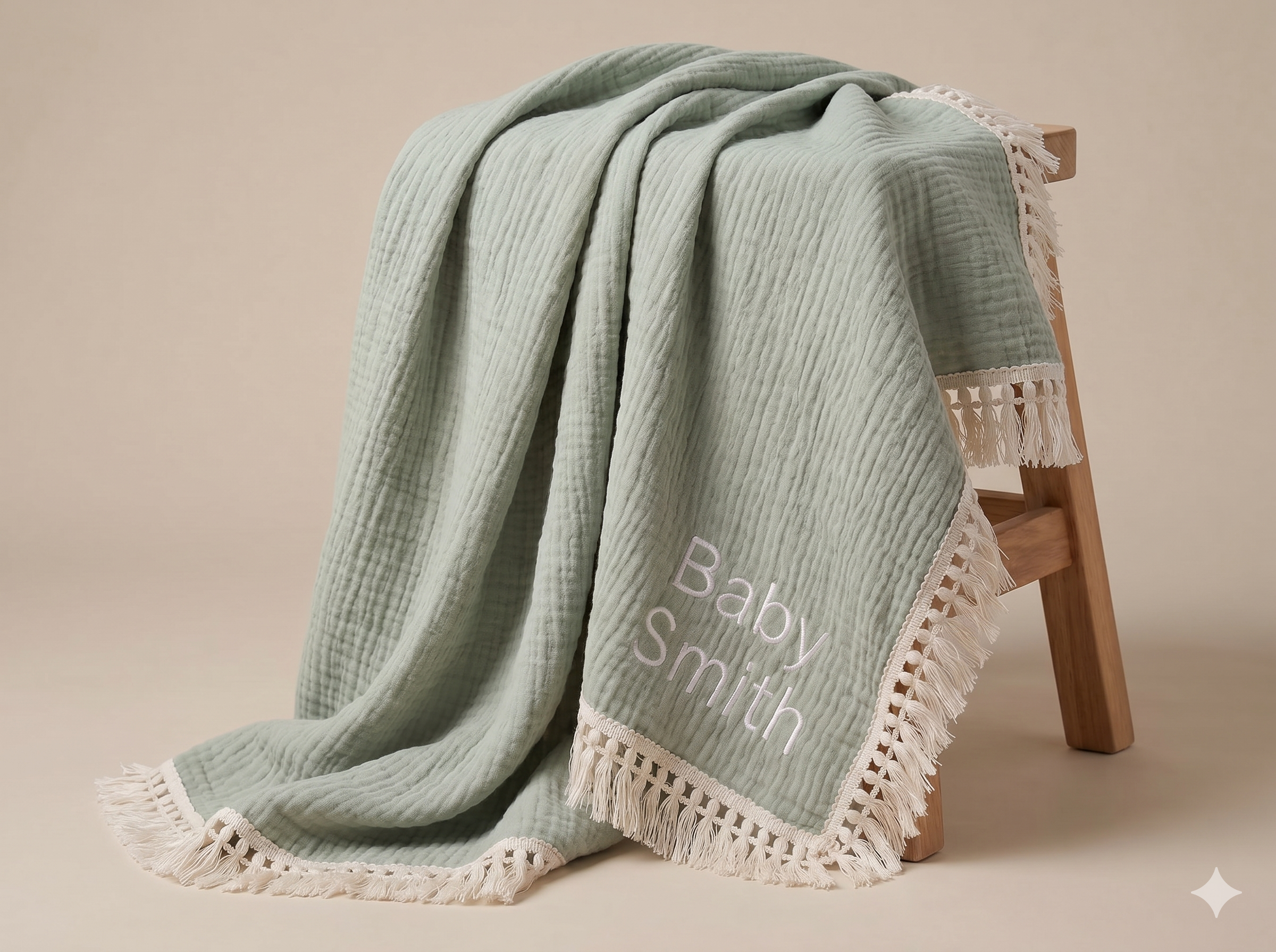 Blanket - Muslin Tassel - Sage Green - Personalised