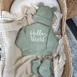 Knitted Hello World Cardigan, Hat & Booties Set