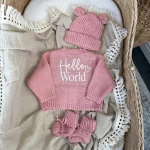 Knitted Hello World Cardigan, Hat & Booties Set
