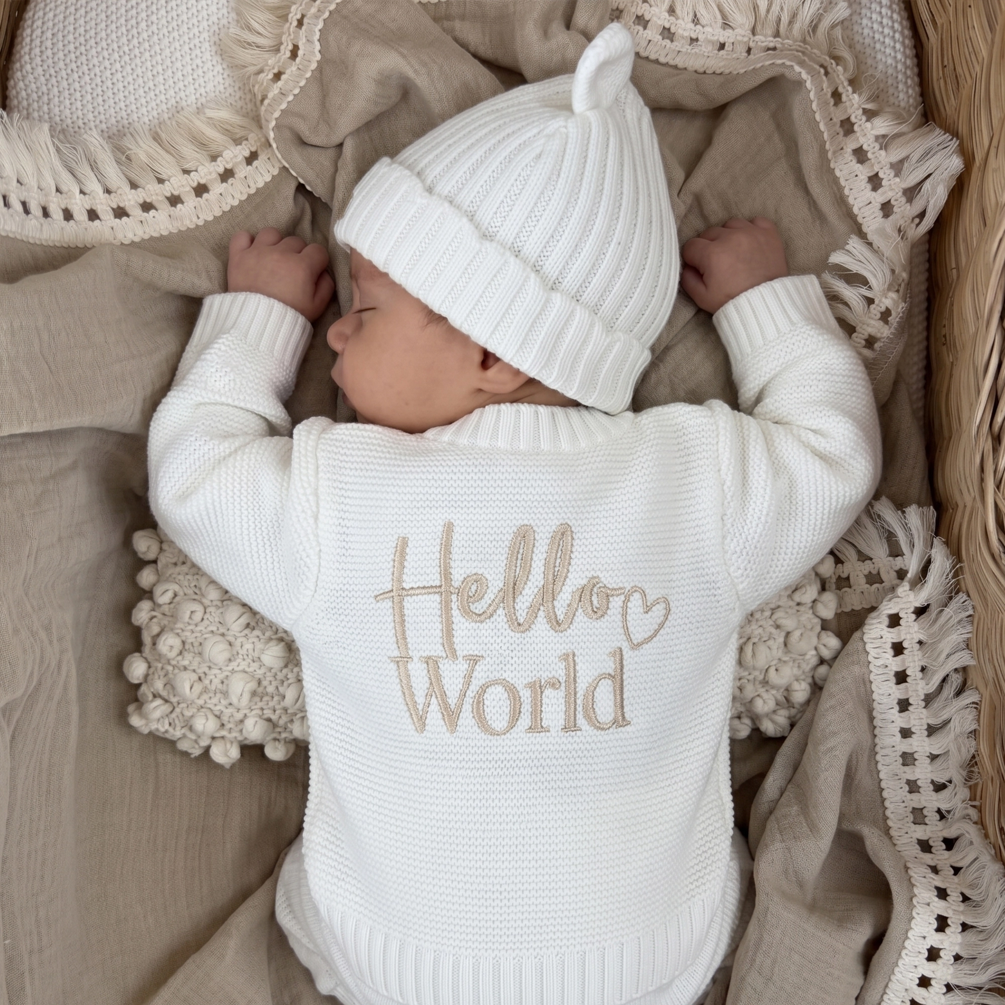 Knitted Hello World Cardigan, Hat & Booties Set