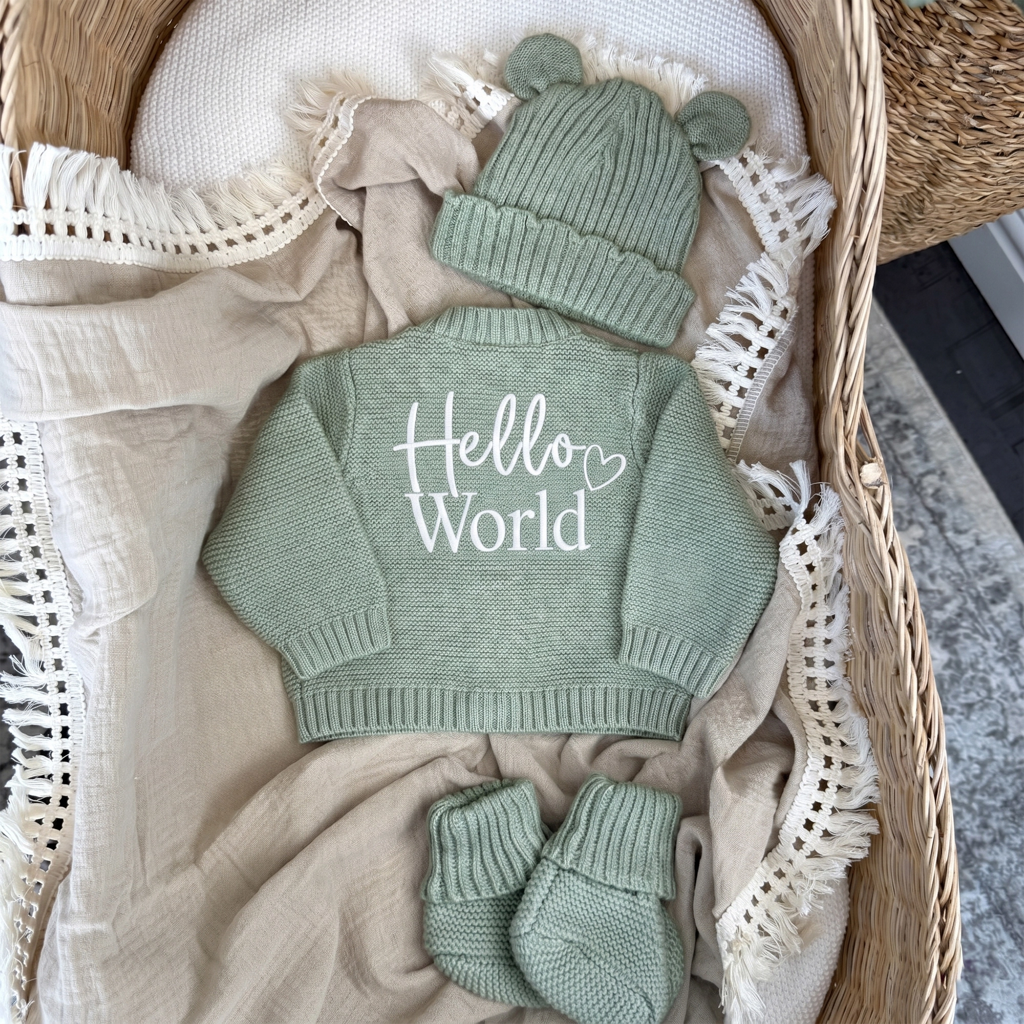 Knitted Hello World Cardigan, Hat & Booties Set
