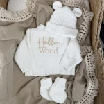 Knitted Hello World Cardigan, Hat & Booties Set