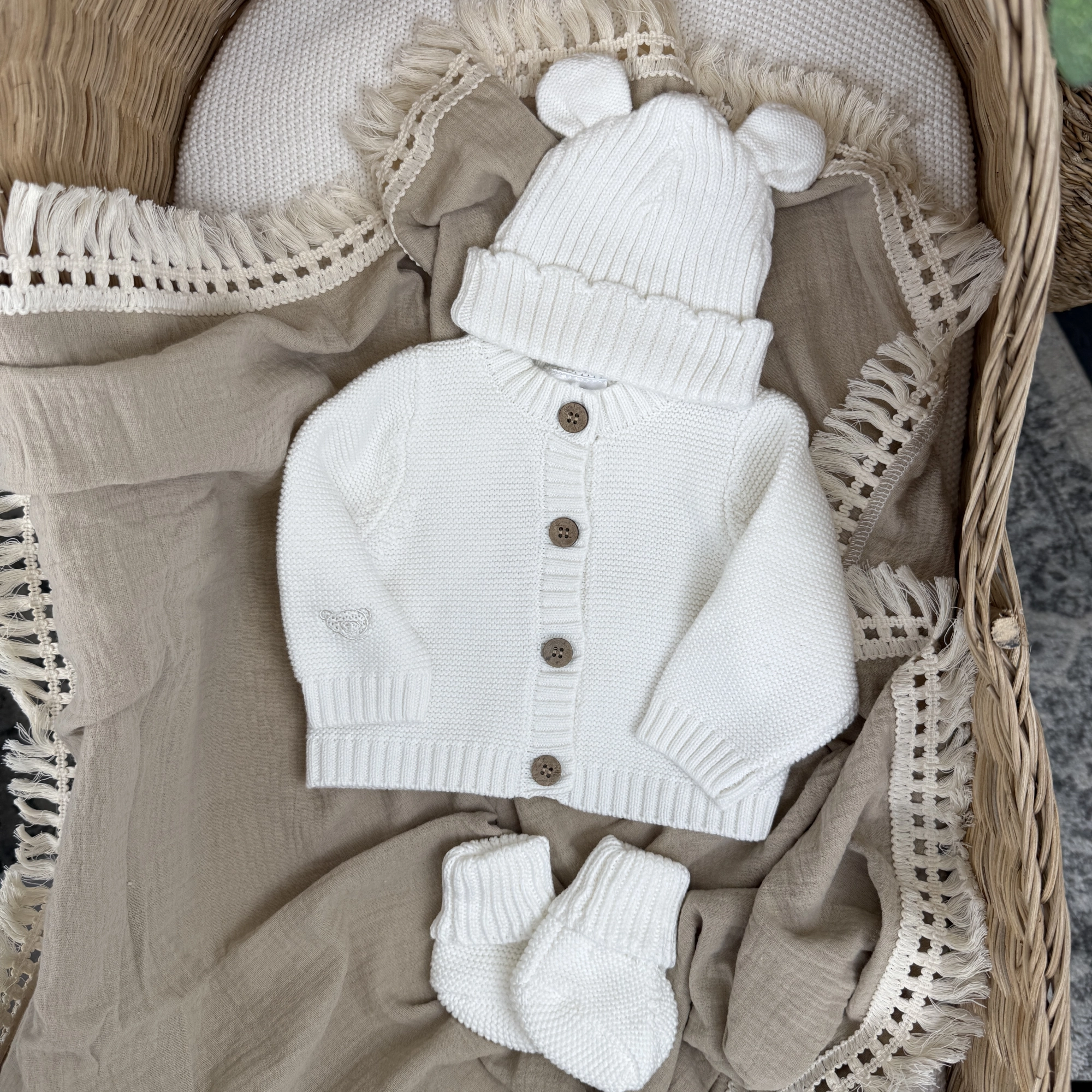 Knitted Hello World Cardigan, Hat & Booties Set