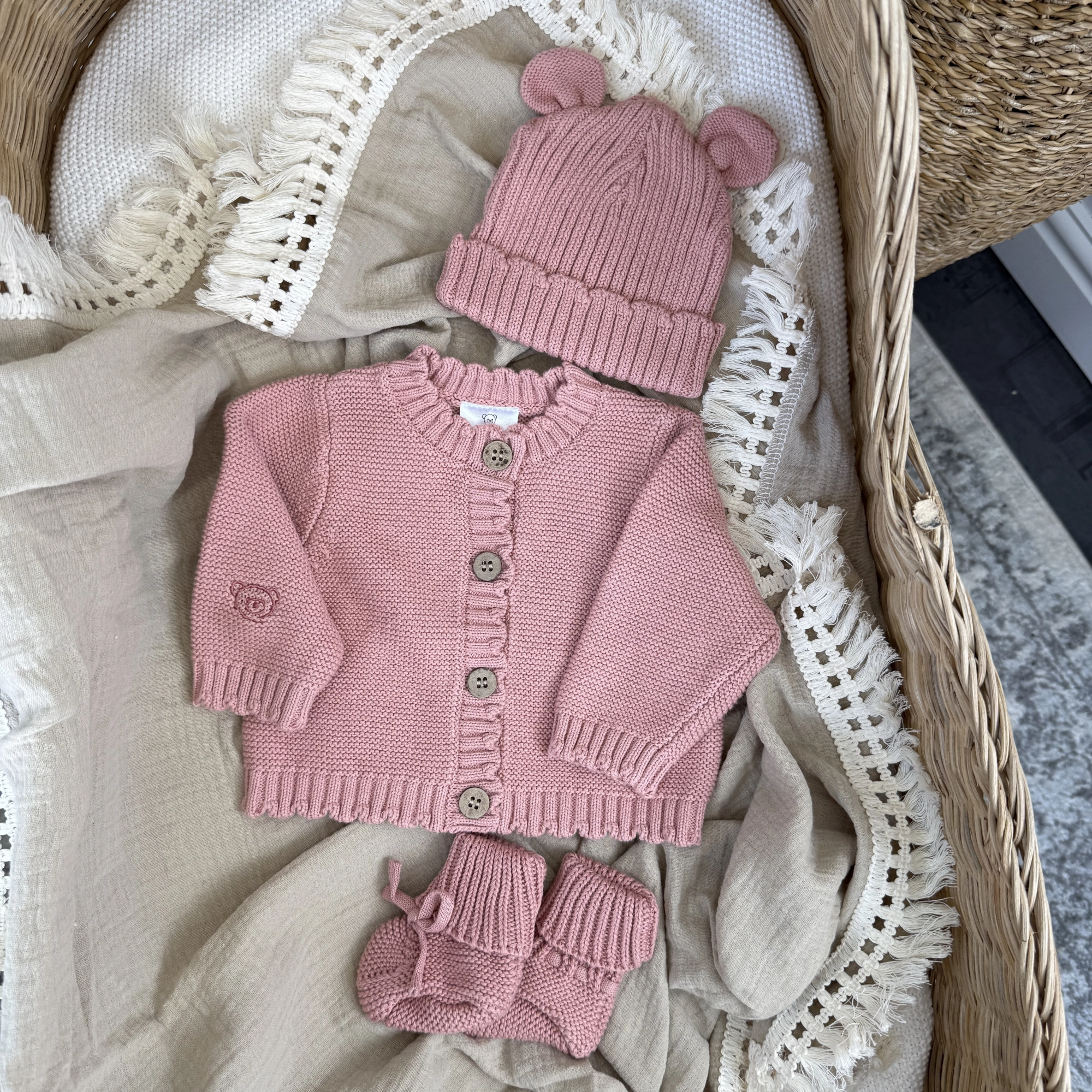 Knitted Hello World Cardigan, Hat & Booties Set
